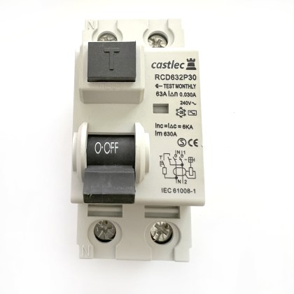 Castlec RCD632P30 Black 63A 63 Amp 30mA RCD 2 Double Pole Circuit Breaker Type AC